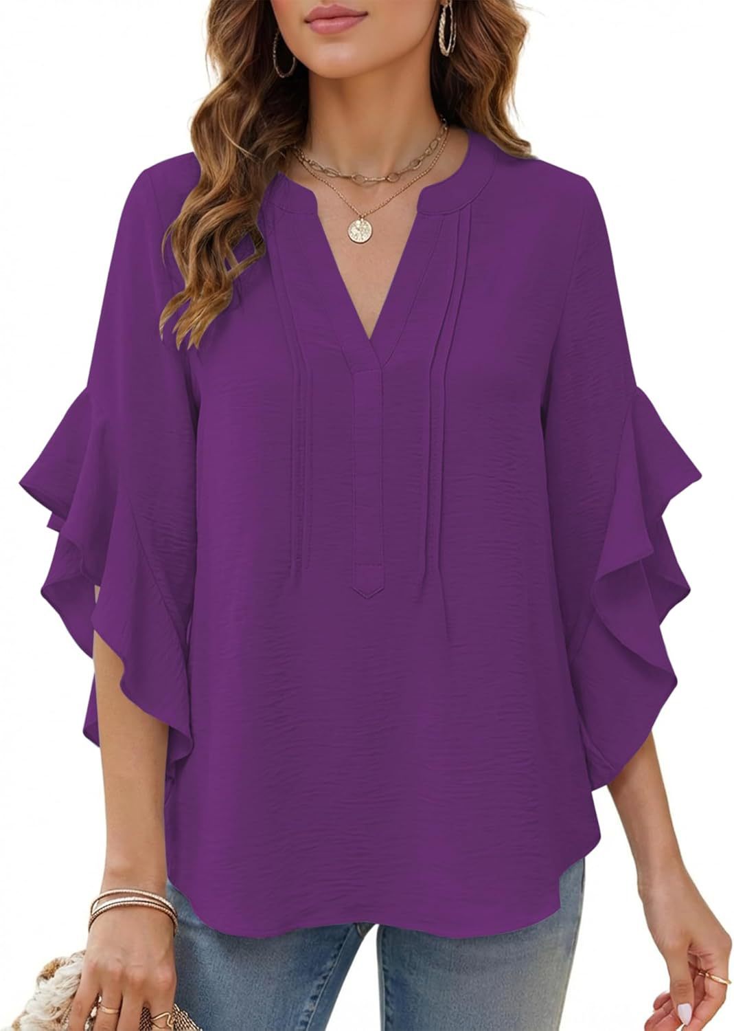 Women's V-Neck Ruffle-Sleeve Loose Casual Shirt – 5 Colors