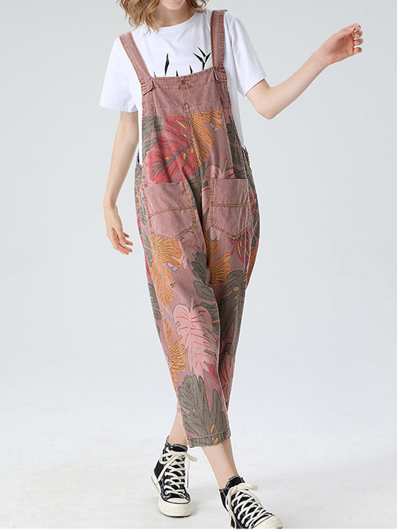Tropical Leaf Cotton Dungarees - Ankle-Length Overalls