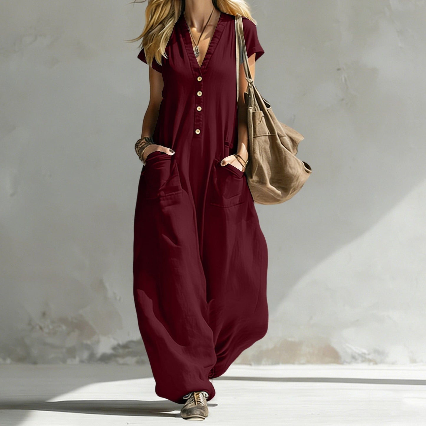 Women's V-Neck Wide-Leg Jumpsuit – 8 Colors, S–XXL