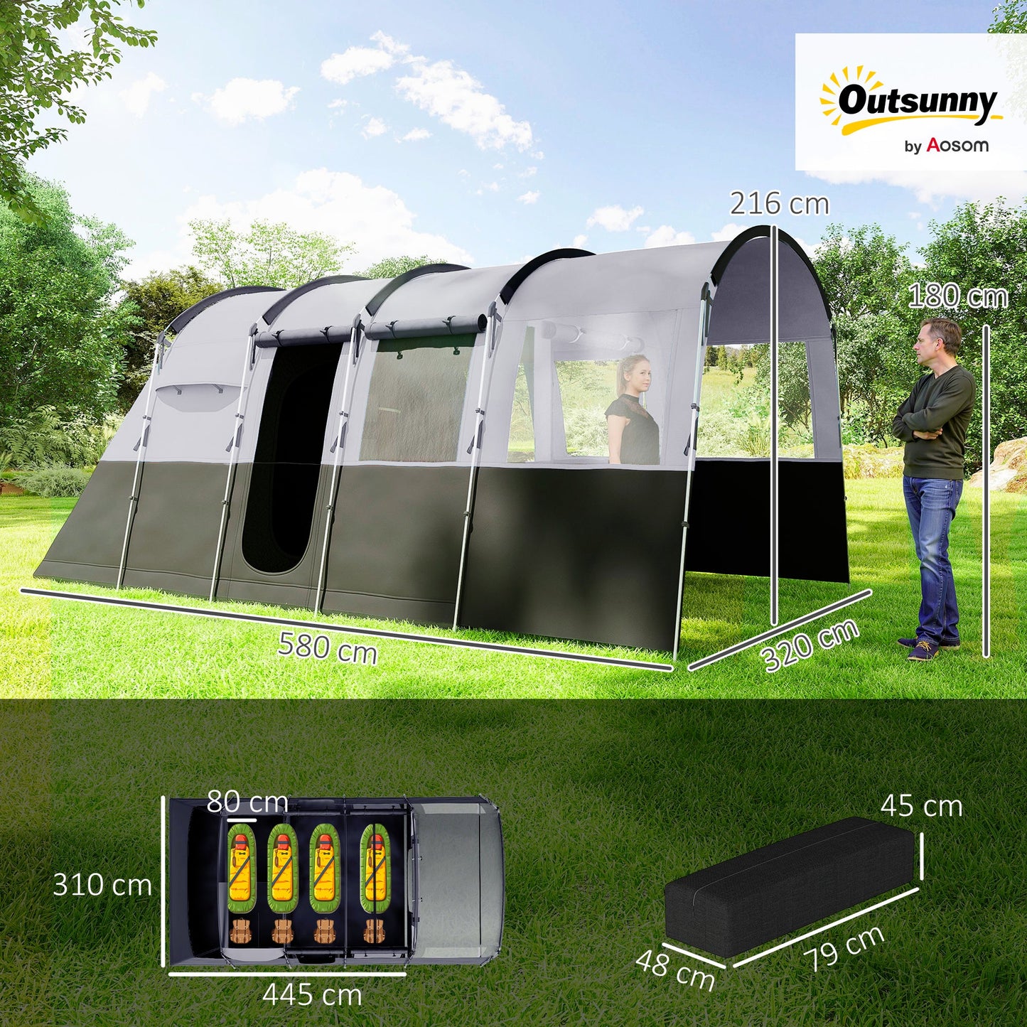 8-Person Tunnel Camping Tent – 3000mm Waterproof with Removable Divider & 4 Windows | Dark Grey
