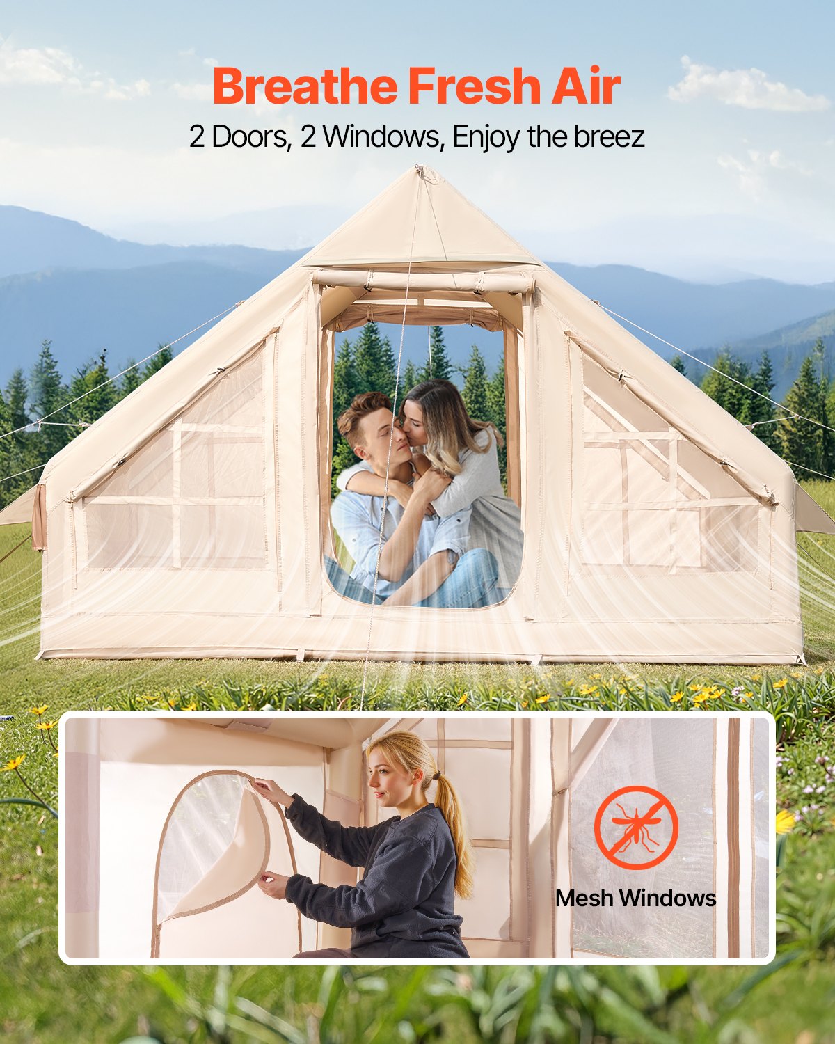 3–5 Person Inflatable Glamping Tent – Easy 15-Min Setup with Hand Pump & Carry Bag | Beige
