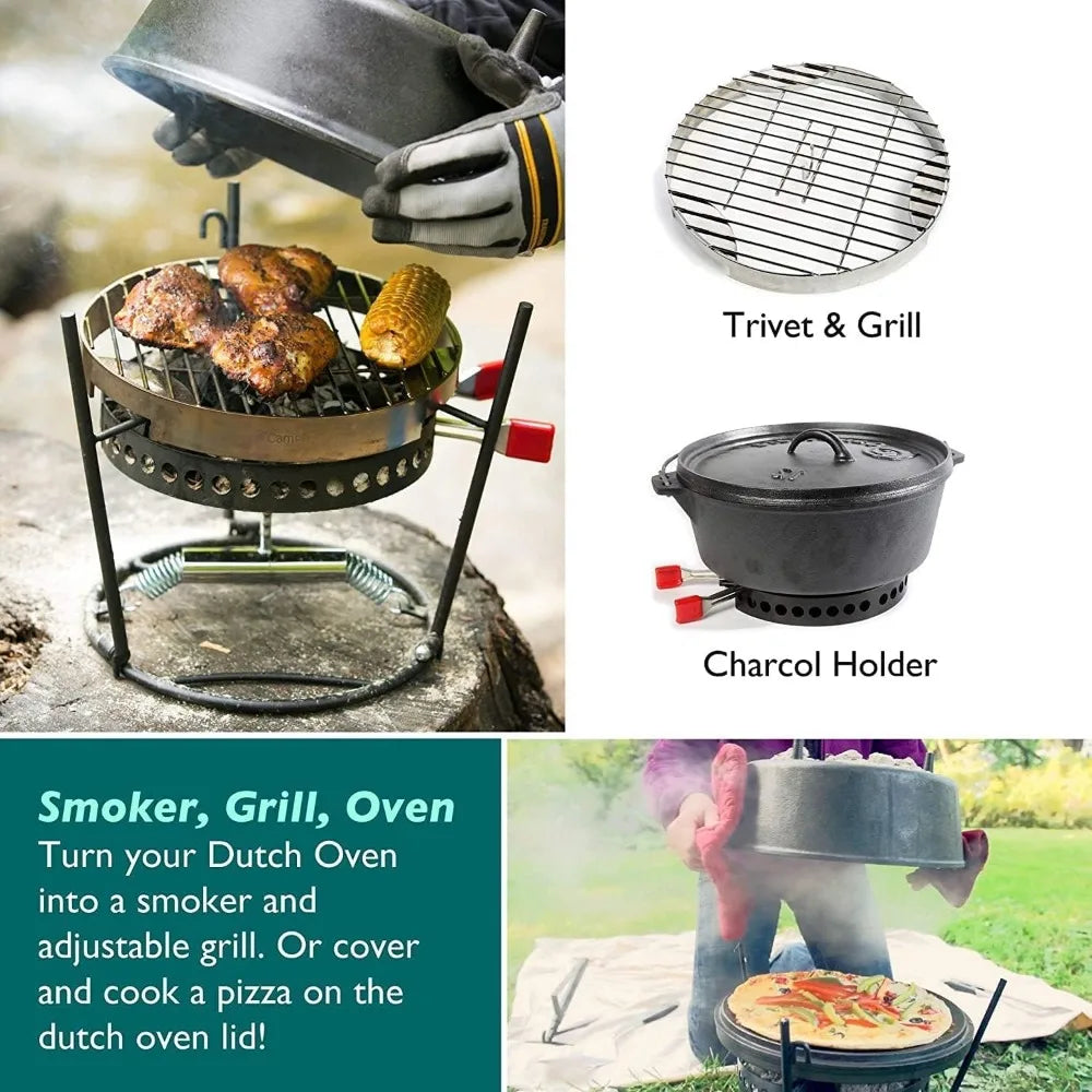 6-Piece Cast Iron Camping Grill Set – Dutch Oven, Flip Grill, Charcoal Holder & Accessories
