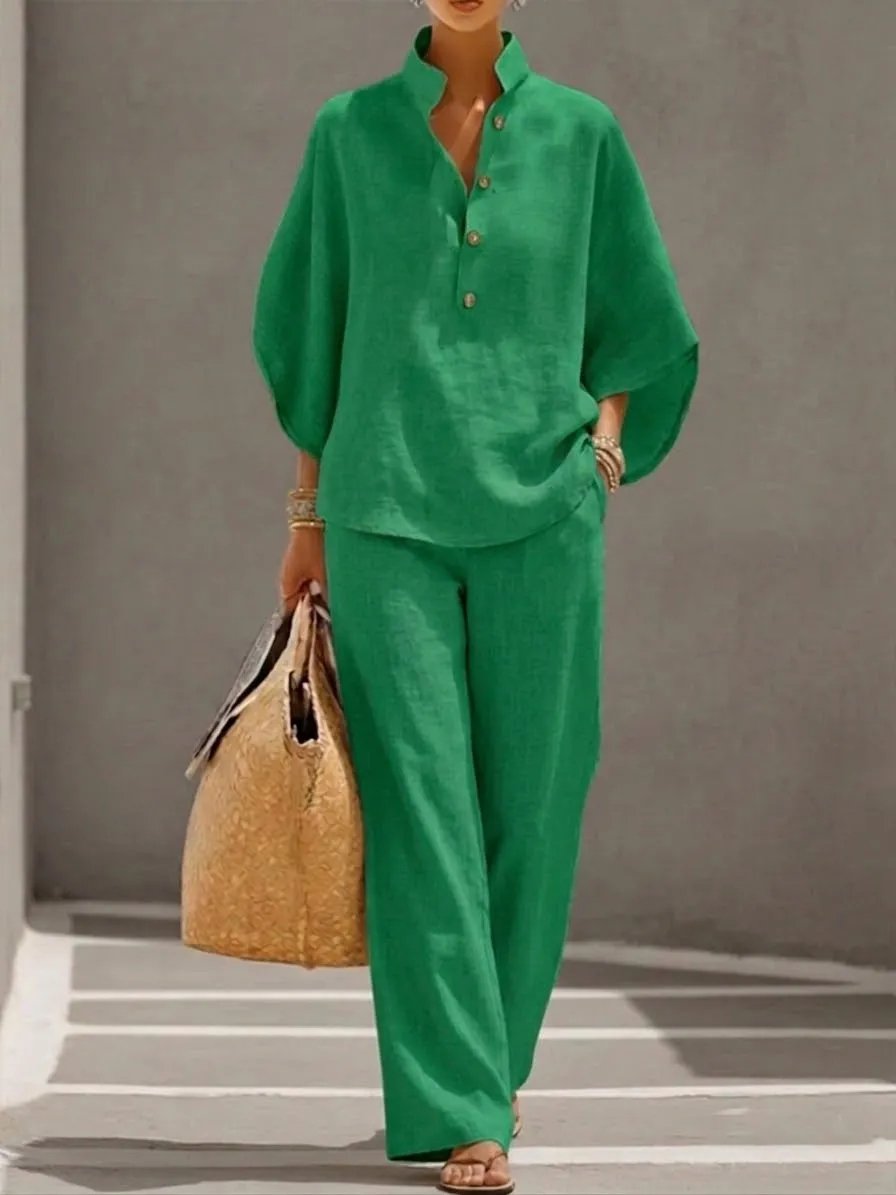 üî•Women's Batwing Sleeve Two-Piece Set ‚Äì Casual Shirt & Wide Leg Pants Outfit