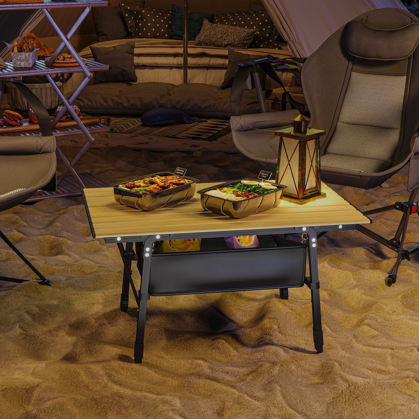 Aluminum Folding Camping Table with Storage Basket – Adjustable Height, 66 lb.