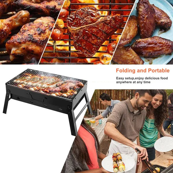 Foldable Portable Charcoal BBQ Grill – 17" Stainless Steel Cooking Grate, Ash Catcher, Folds Flat for Camping & Picnics