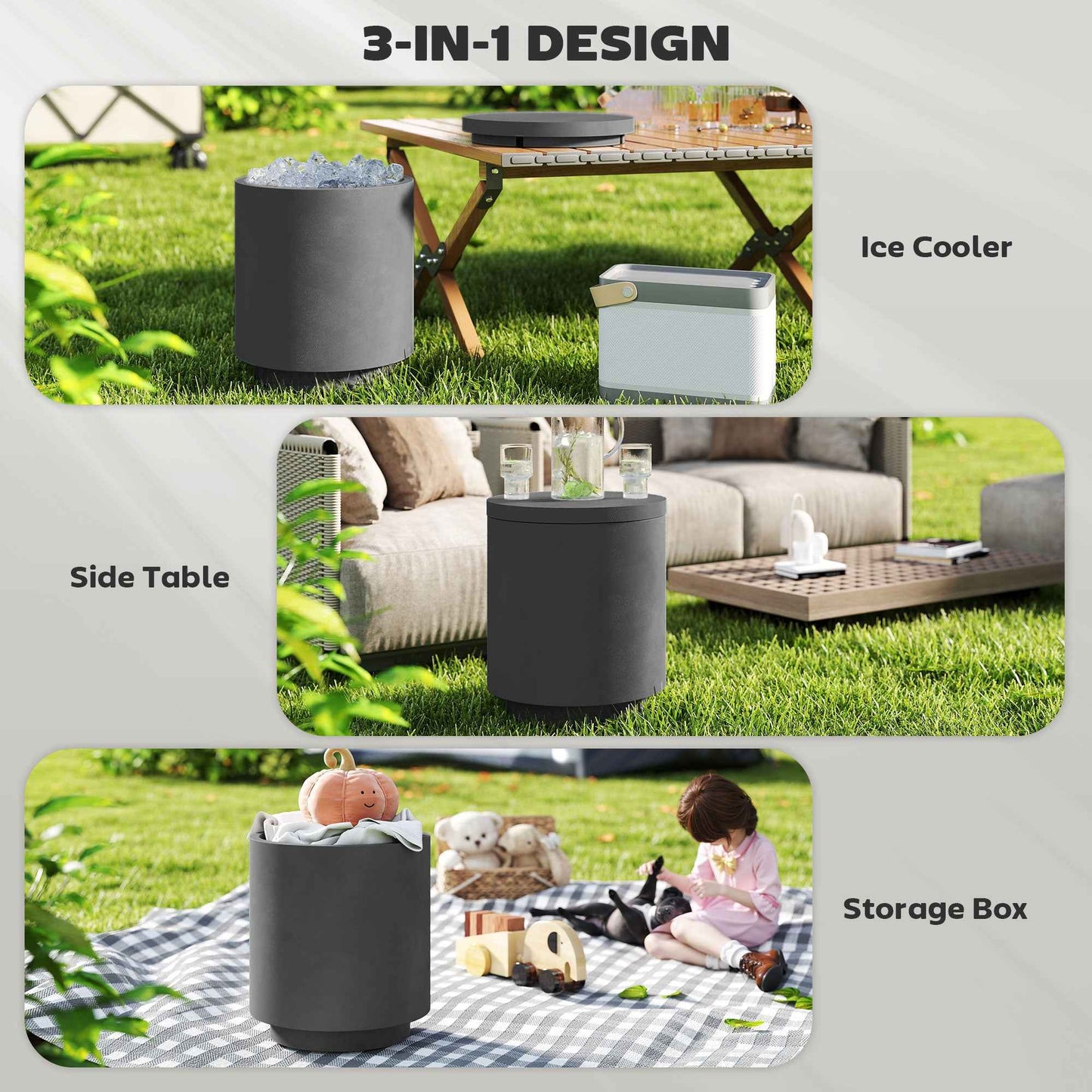3-in-1 Concrete Outdoor Side Table with Ice Bucket | 2.6 Gal Cooler Bar Table