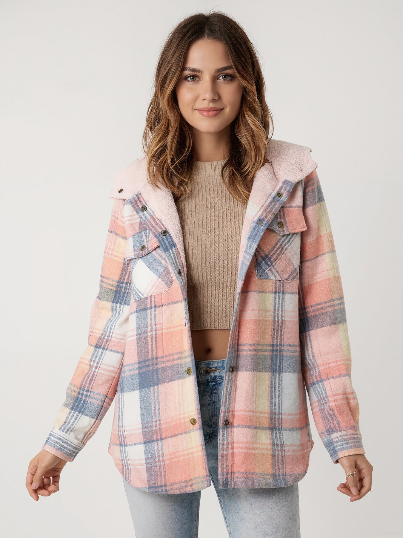 Women's Fleece-Lined Plaid Hooded Jacket with Pockets – Pink