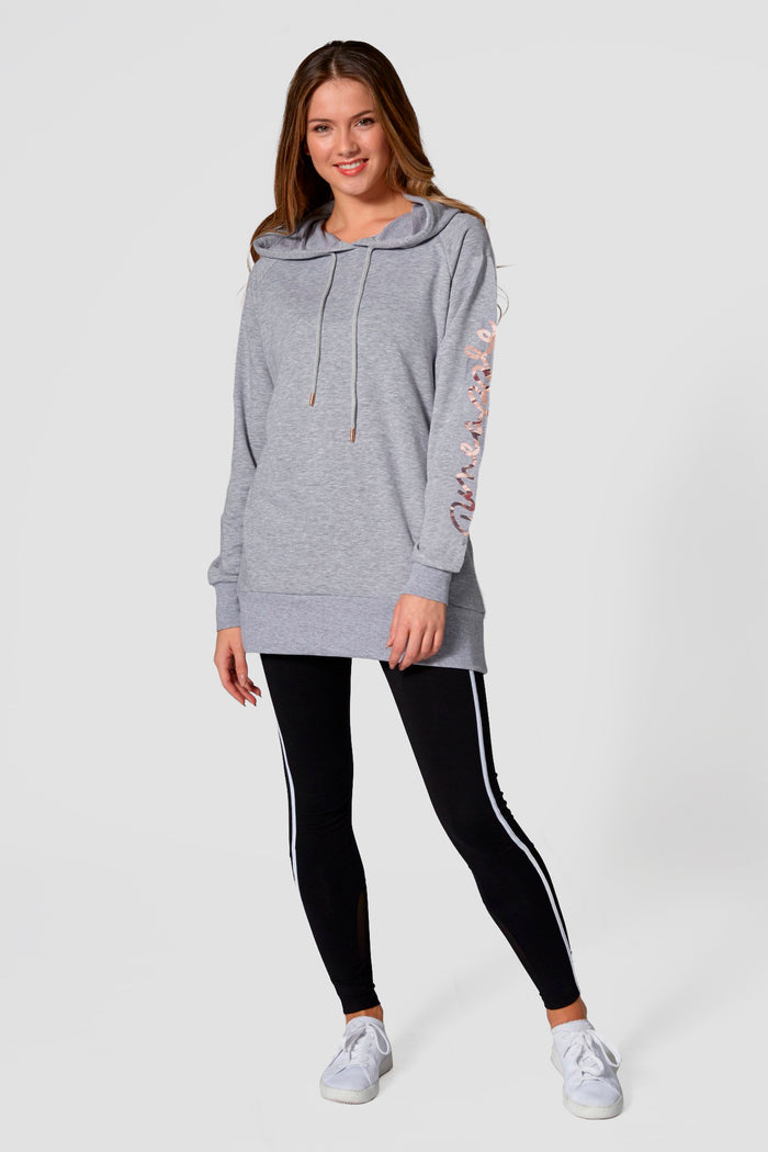 Woman wearing grey Longline Hoodie