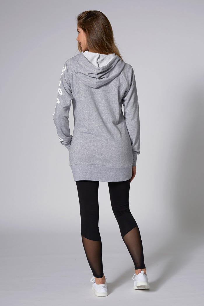 Woman wearing Pineapple Grey Loopback Longline Hoodie