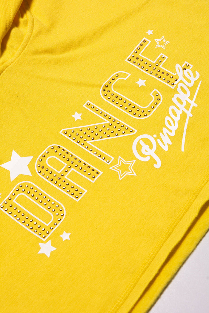 Yellow sleeveless crop hoodie for girls with sparkly diamantΓ© 'DANCE' logo print across the chest.