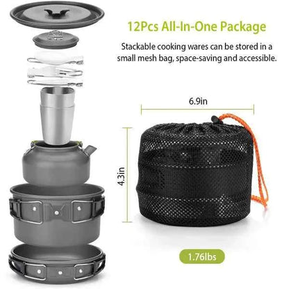 12-Piece Camping Cookware Set – Anodized Aluminum Pot, Frying Pan, Kettle, Cups & Cutlery with Carabiner Bag