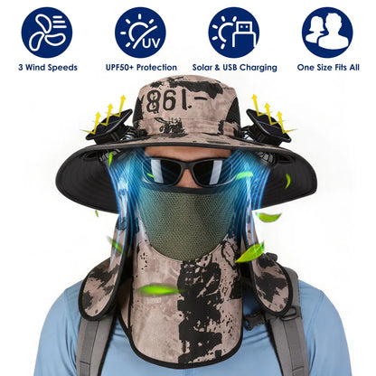 Solar & USB Fan Hat – UPF50, Wide Brim, Face Cover & Neck Flap, 4 Colors