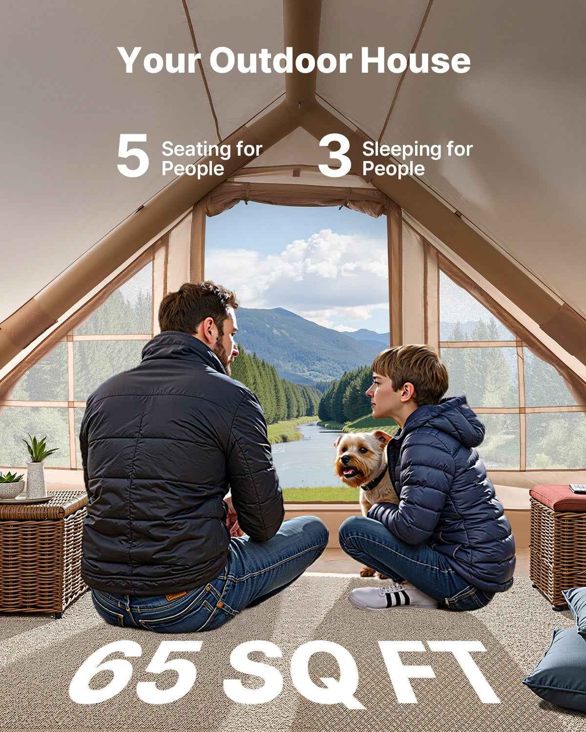 3–5 Person Inflatable Glamping Tent – Easy 15-Min Setup with Hand Pump & Carry Bag | Beige