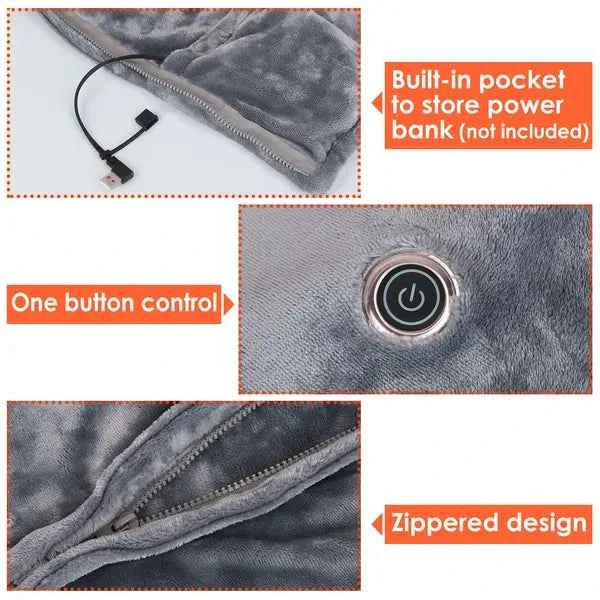 USB Heated Blanket Shawl with Zipper – 8 Heating Zones, 3 Temperature Settings