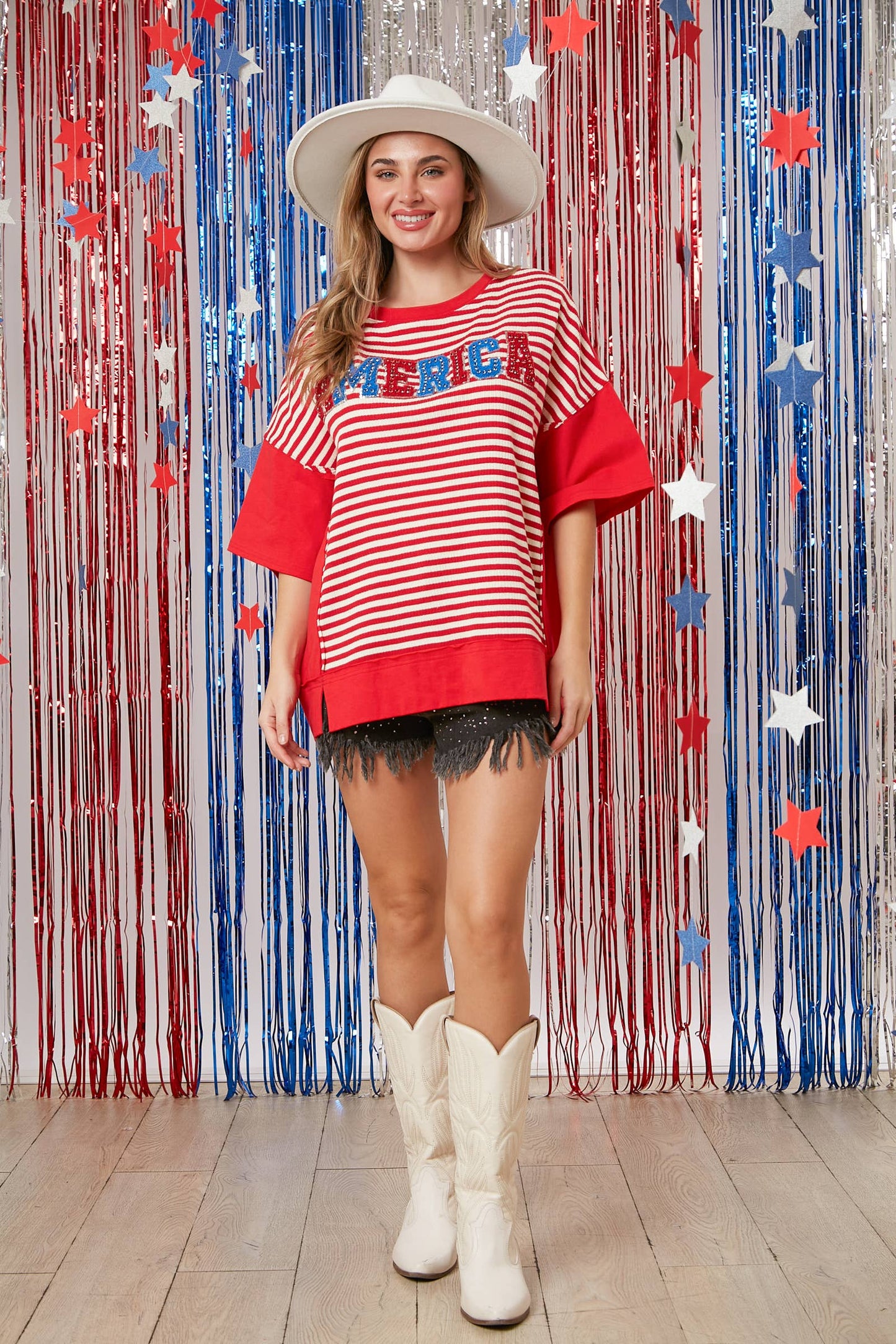 'America' Towel & Rhinestone Embroidery Stripe Tee