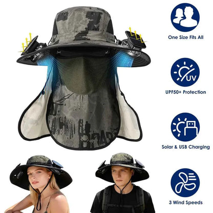 Solar & USB Fan Hat – UPF50, Wide Brim, Face Cover & Neck Flap, 4 Colors