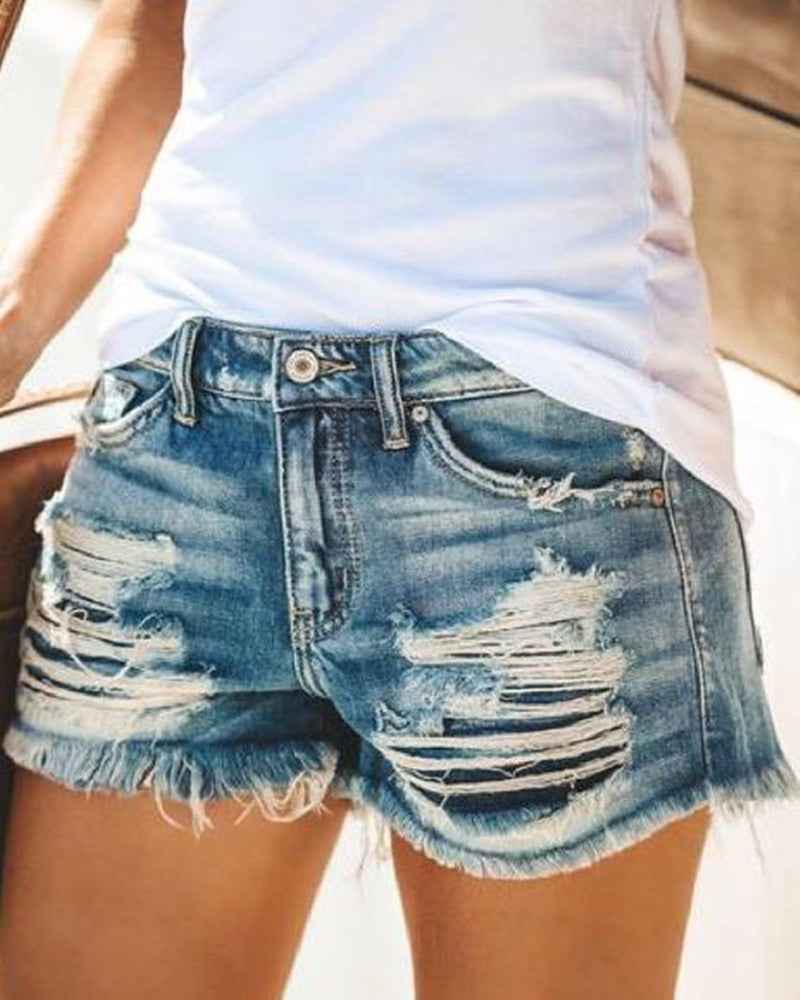 Women's High-Waist Ripped Fringed Denim Shorts – Light & Dark Blue, S to XXL