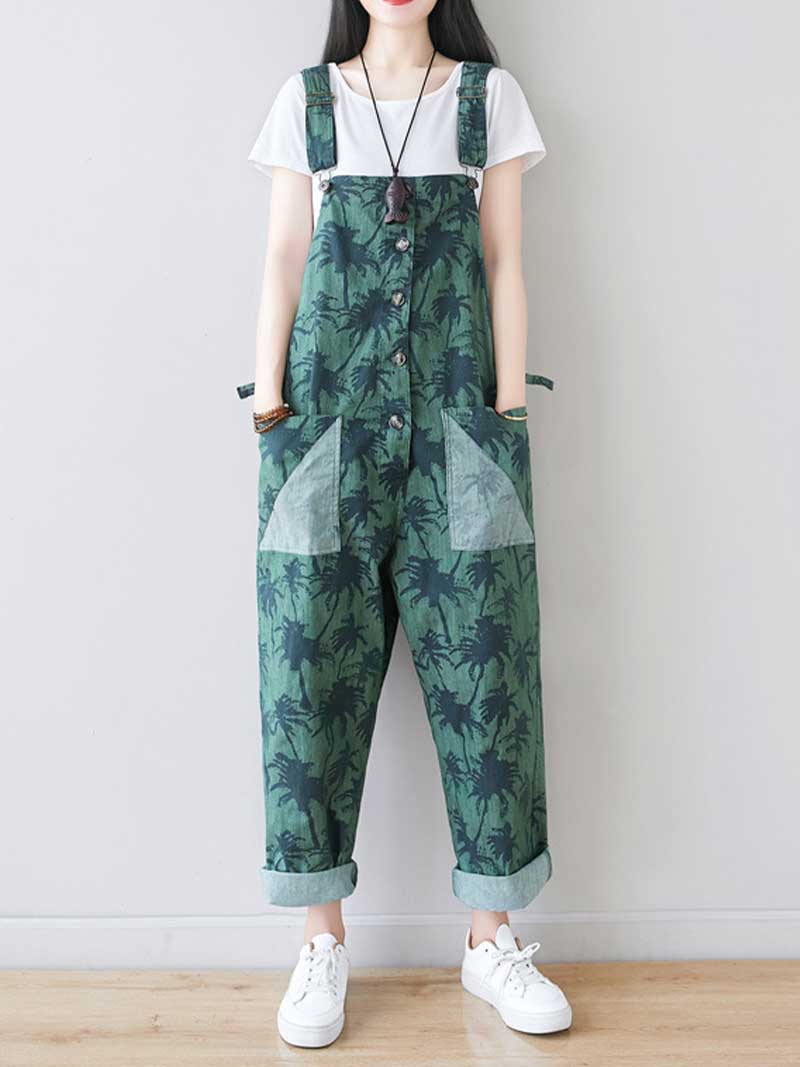Palm Print Cotton Overalls - Adjustable Workwera | Eva Trends