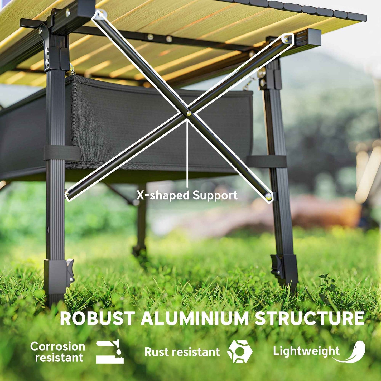Aluminum Folding Camping Table with Storage Basket – Adjustable Height, 66 lb.