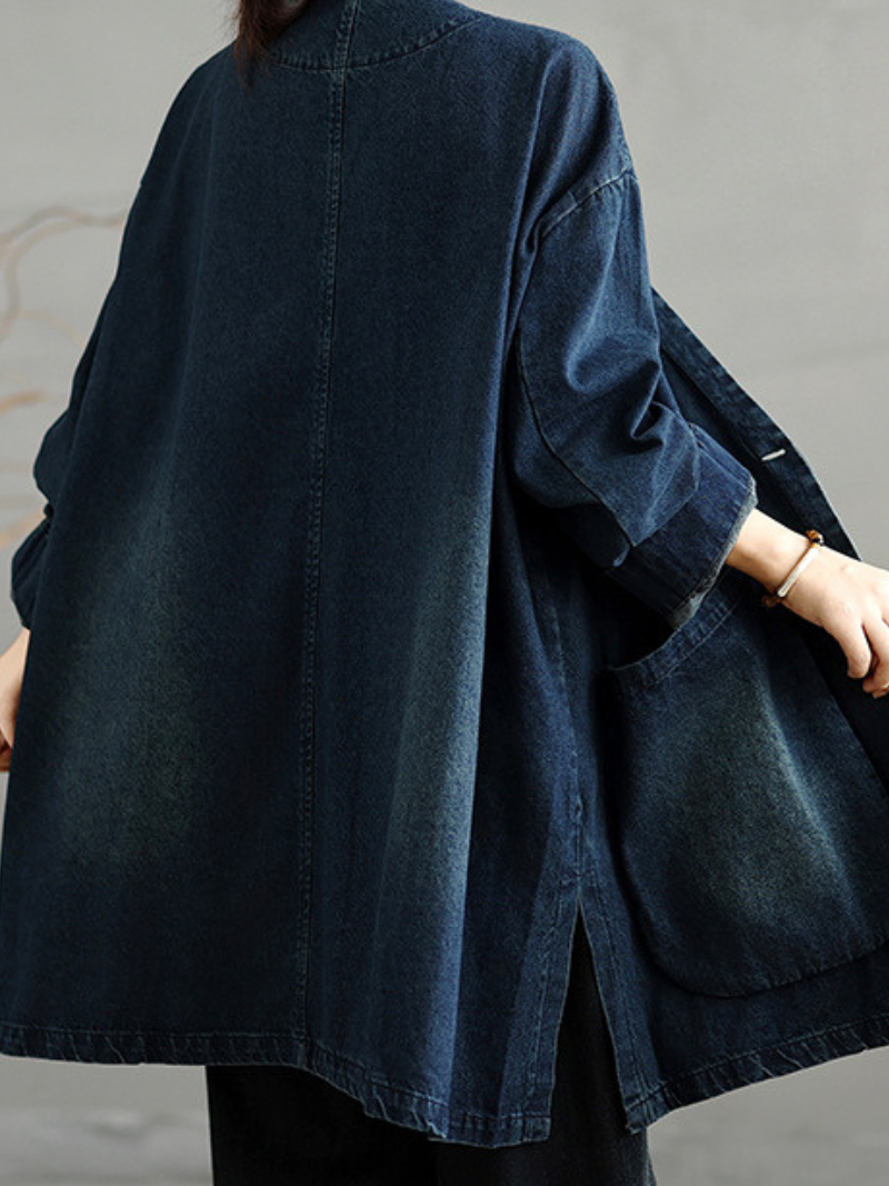 Women’s Oversized Denim Cotton Shacket with V-Neck and Statement Patch Pockets
