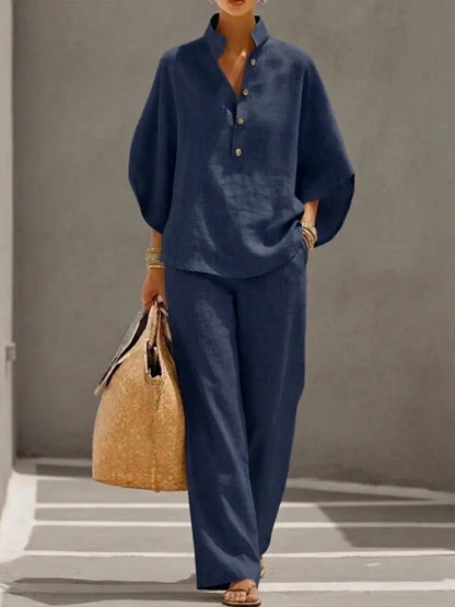 üî•Women's Batwing Sleeve Two-Piece Set ‚Äì Casual Shirt & Wide Leg Pants Outfit