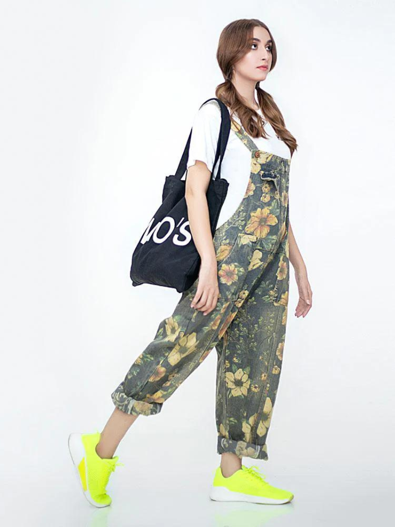 Wildflower Print Dungarees - Loose Tapered Leg Fit