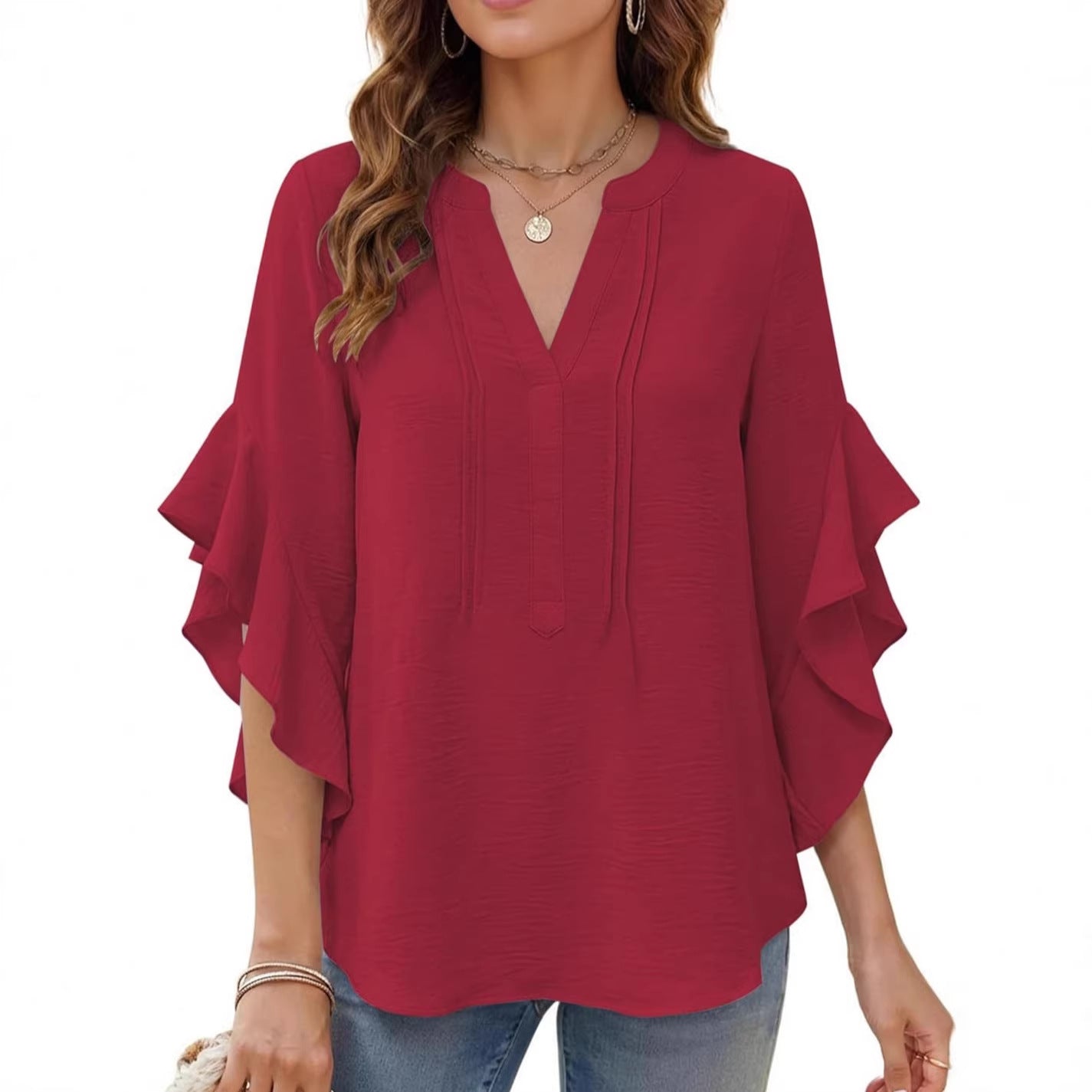 Women's V-Neck Ruffle-Sleeve Loose Casual Shirt – 5 Colors