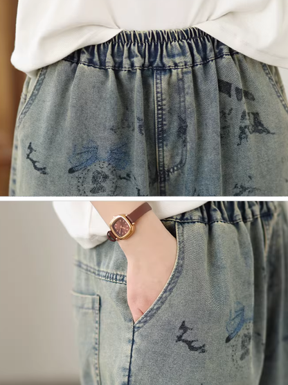 Artful Relaxed Denim Cotton Jogger Pants for Women Elastic Waist Jeans