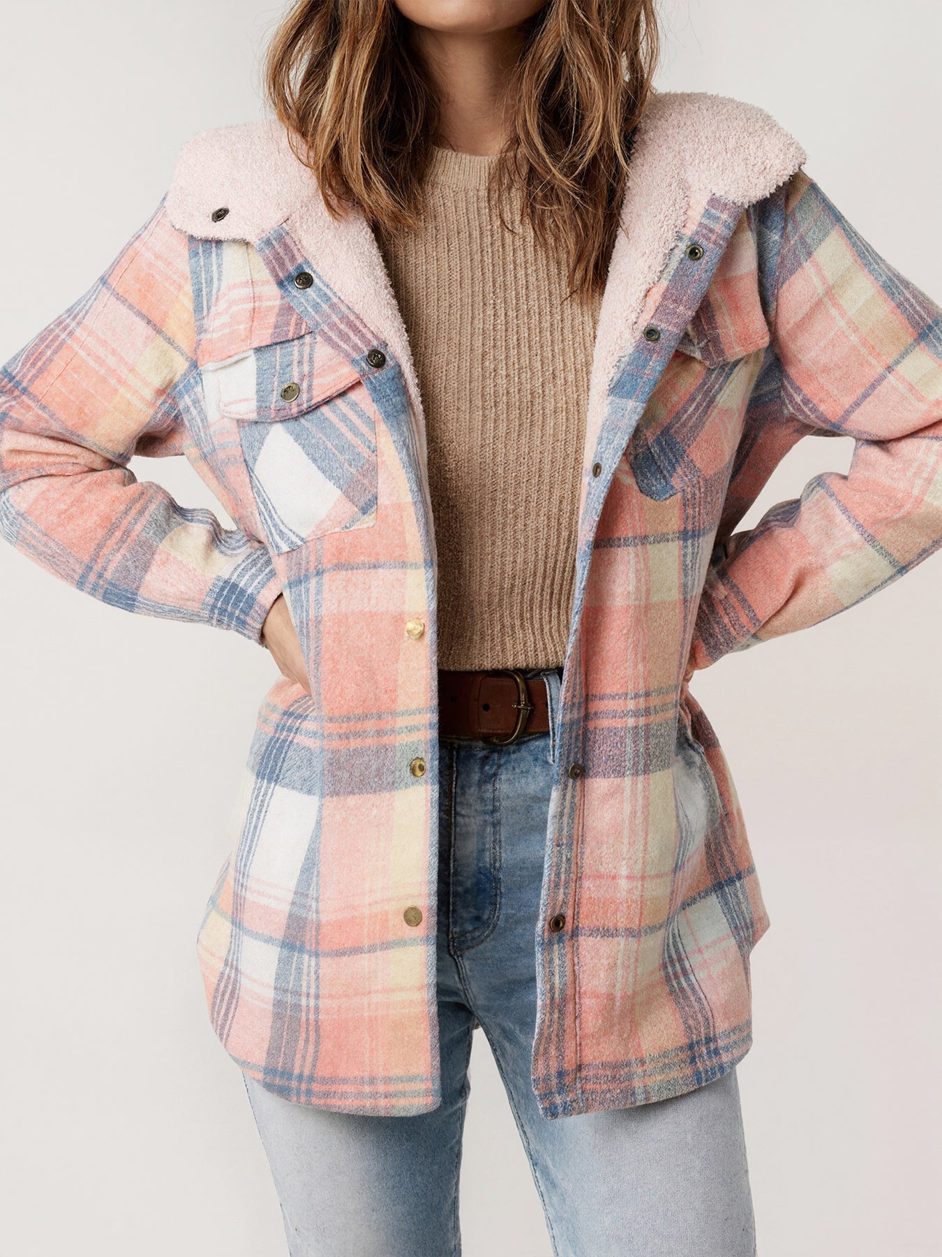 Women's Fleece-Lined Plaid Hooded Jacket with Pockets – Pink