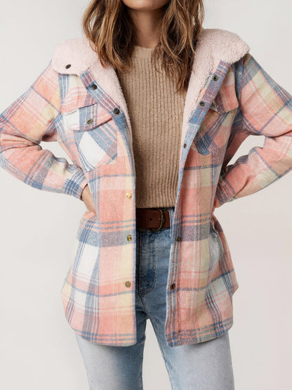 Women's Fleece-Lined Plaid Hooded Jacket with Pockets – Pink