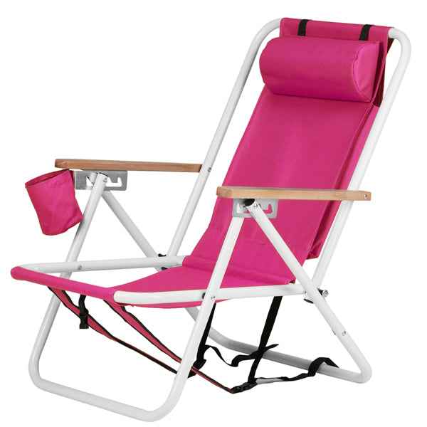 Folding Beach Chair with Backpack Straps – 4-Position Recline, Wooden Armrests, Cup Holder & 265 lb Capacity