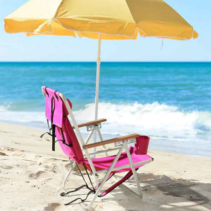 Folding Beach Chair with Backpack Straps – 4-Position Recline, Wooden Armrests, Cup Holder & 265 lb Capacity