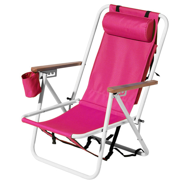 Folding Beach Chair with Backpack Straps – 4-Position Recline, Wooden Armrests, Cup Holder & 265 lb Capacity