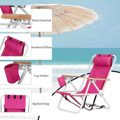 Folding Beach Chair with Backpack Straps – 4-Position Recline, Wooden Armrests, Cup Holder & 265 lb Capacity