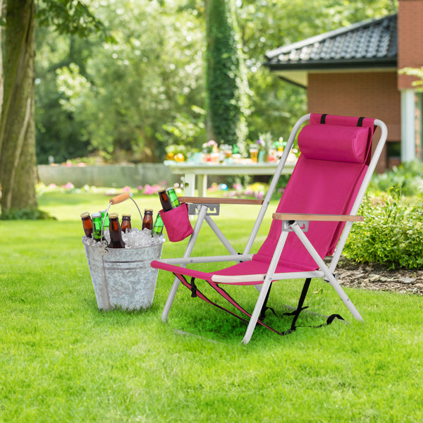 Folding Beach Chair with Backpack Straps – 4-Position Recline, Wooden Armrests, Cup Holder & 265 lb Capacity