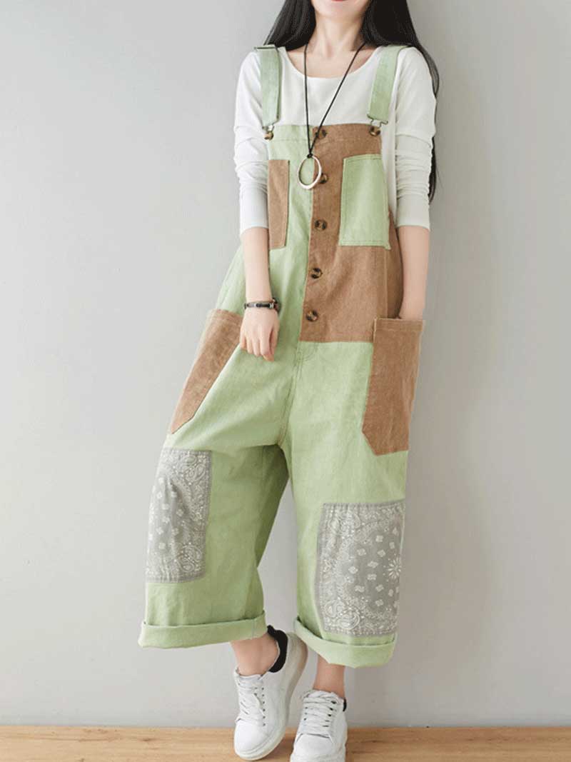 Button Front Denim Dungarees with Contrast Panel Details