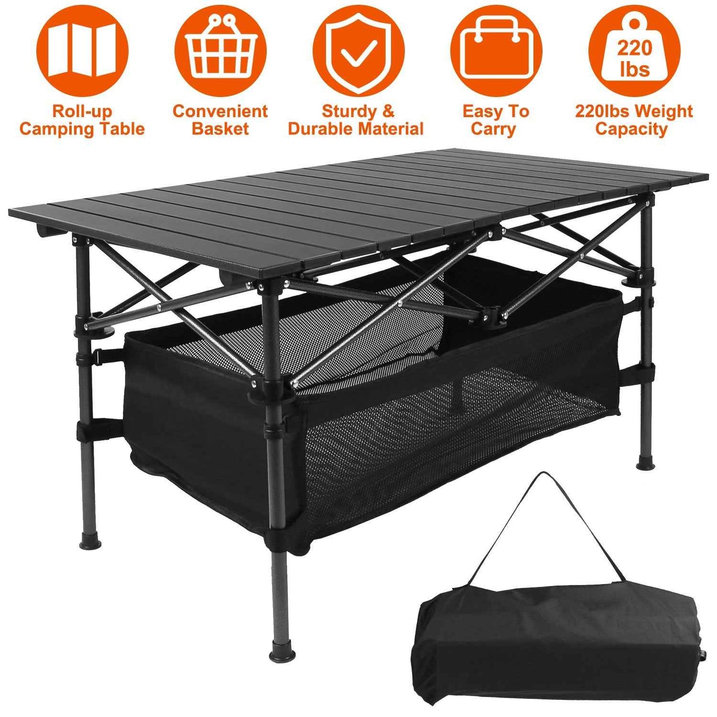 Folding Aluminum Camping Table with Mesh Storage Basket