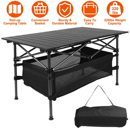 Folding Aluminum Camping Table with Mesh Storage Basket