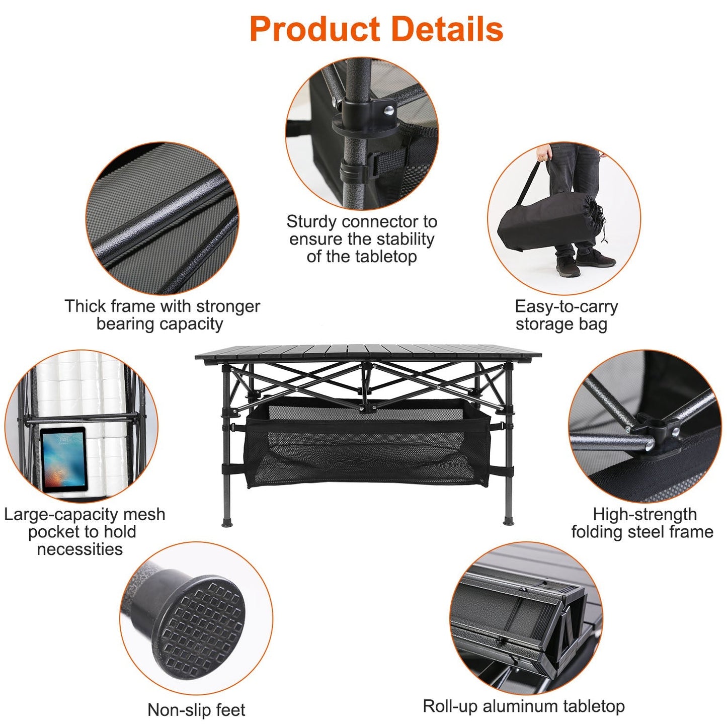 Folding Aluminum Camping Table with Mesh Storage Basket