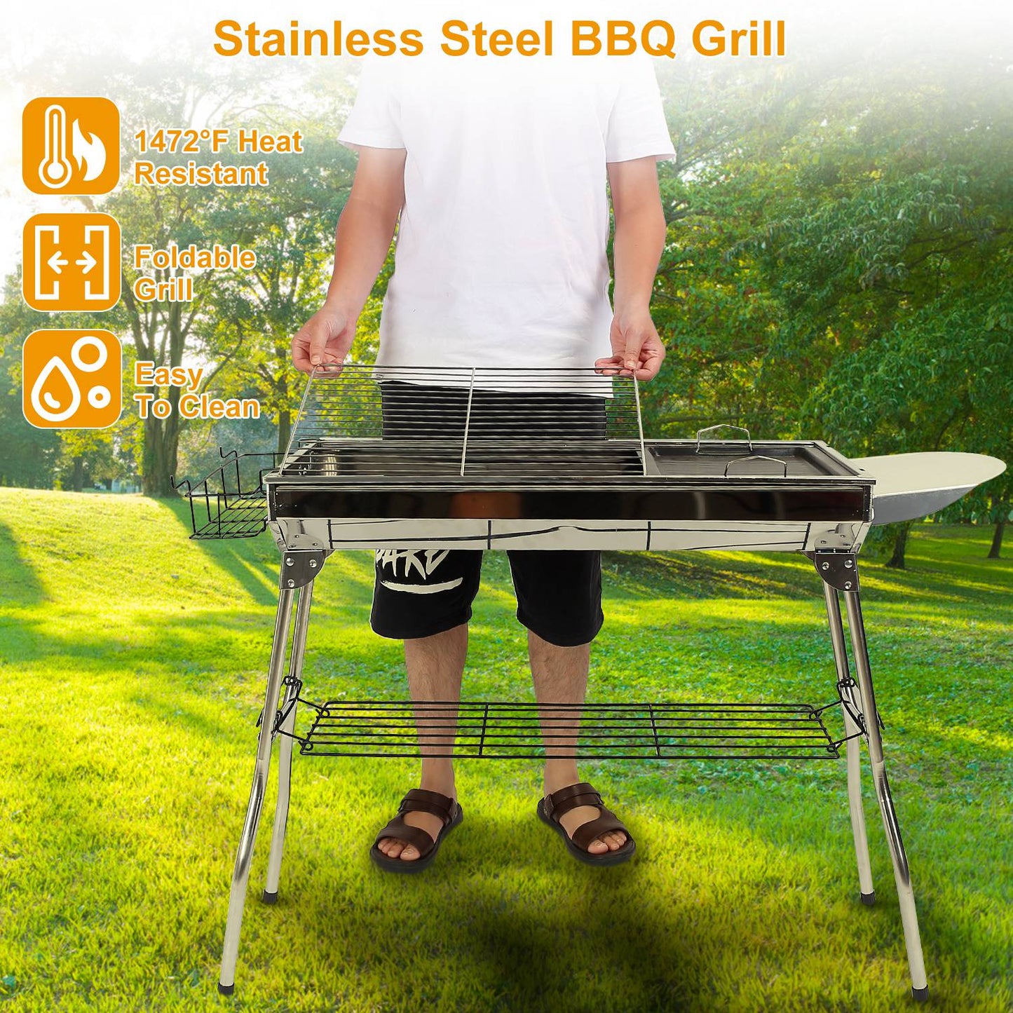 Large Foldable Charcoal BBQ Grill with Non-Stick Pan – Serves Up to 8