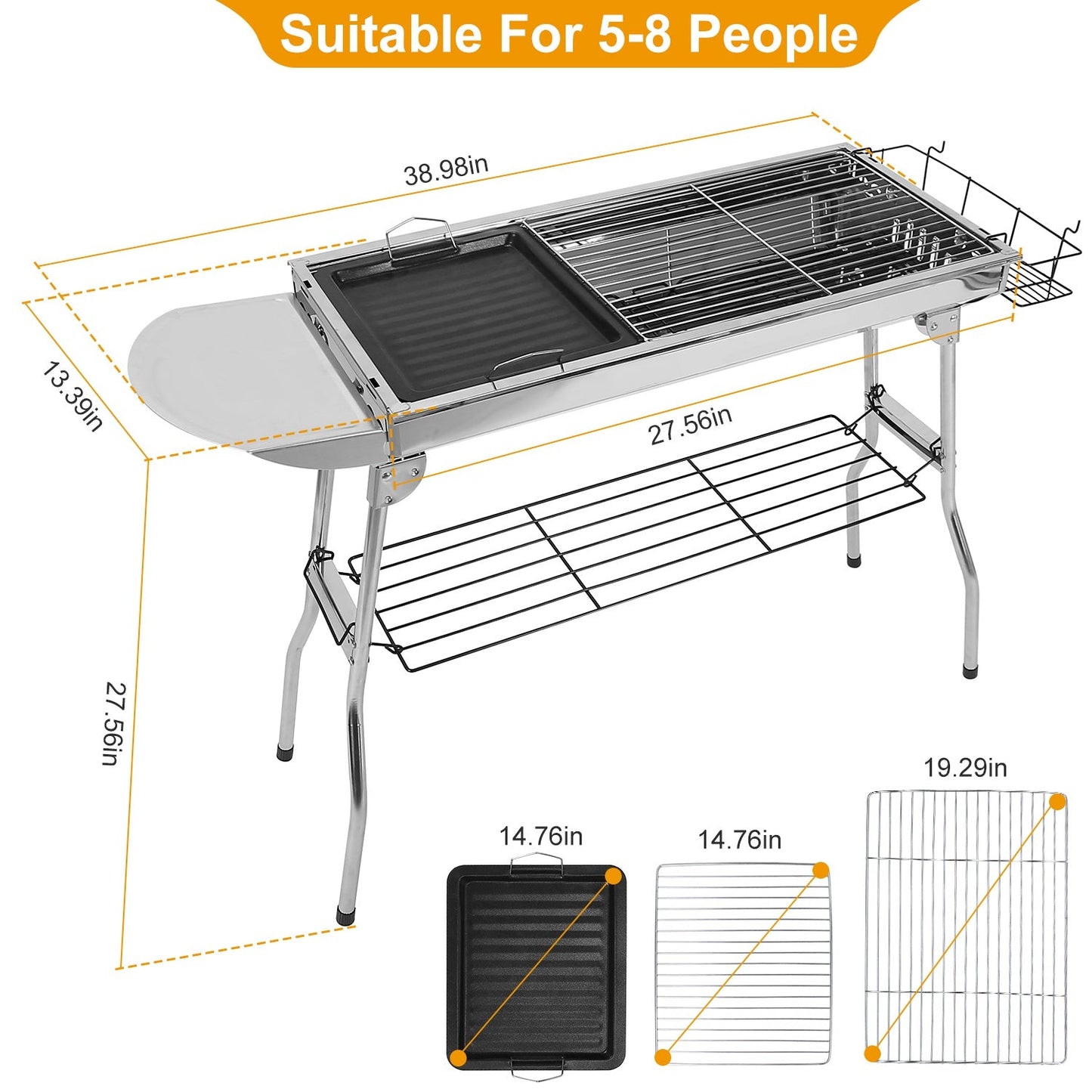 Large Foldable Charcoal BBQ Grill with Non-Stick Pan – Serves Up to 8