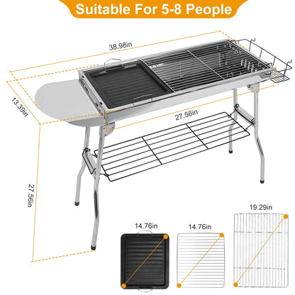 Large Foldable Charcoal BBQ Grill with Non-Stick Pan – Serves Up to 8