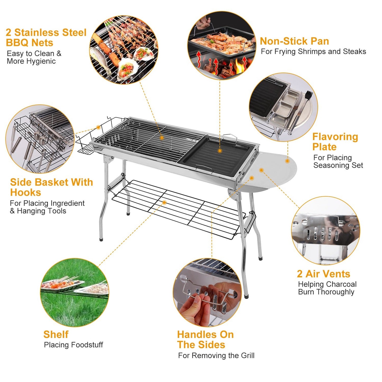 Large Foldable Charcoal BBQ Grill with Non-Stick Pan – Serves Up to 8