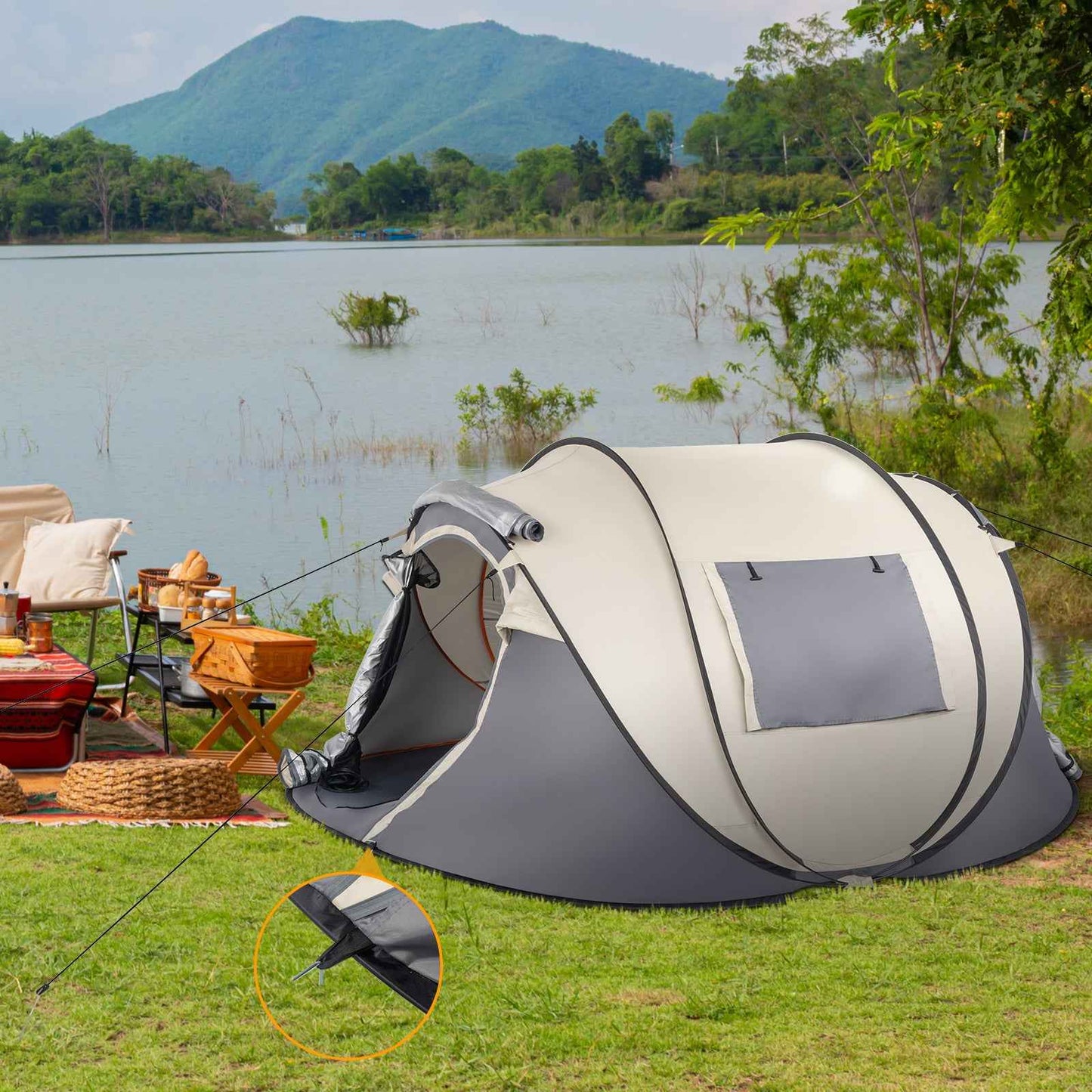 3–4 Person Pop-Up Camping Tent – Instant Setup with Two Vestibules, Mesh Windows & Carry Bag