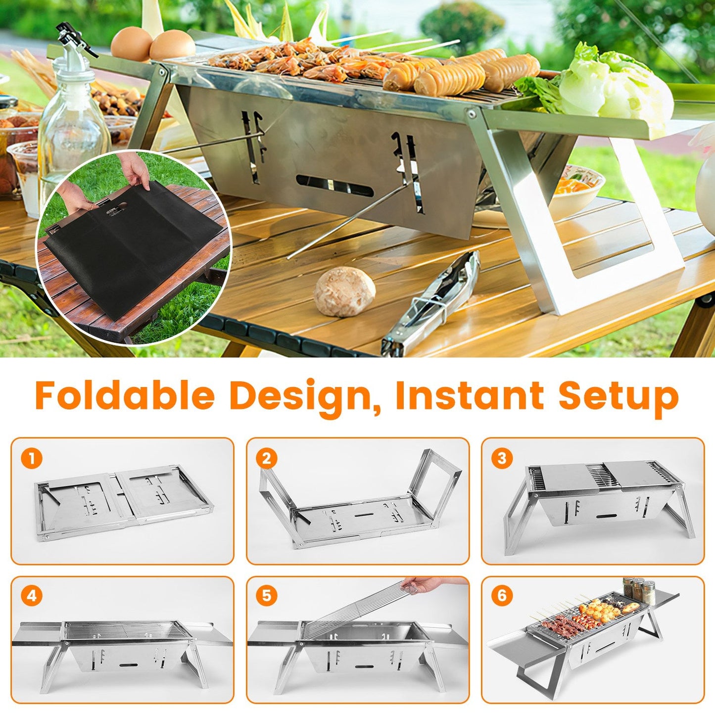 3-in-1 Foldable Charcoal Grill, Fire Pit & Slow Cooker – Portable Stainless Steel BBQ