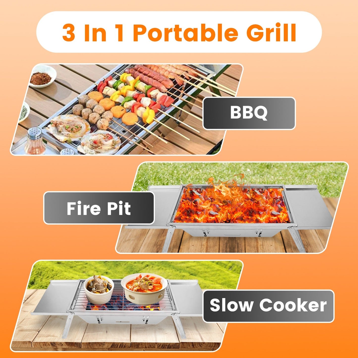 3-in-1 Foldable Charcoal Grill, Fire Pit & Slow Cooker – Portable Stainless Steel BBQ
