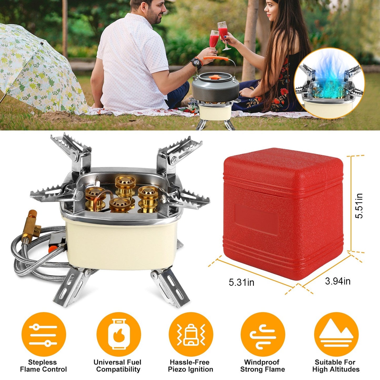 13000W Windproof Camping Stove – 5-Head Burner, Piezo Ignition, High-Altitude Ready