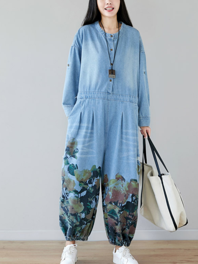 Loose Fit Floral Denim Jumpsuit for Women - Balloon Leg Style