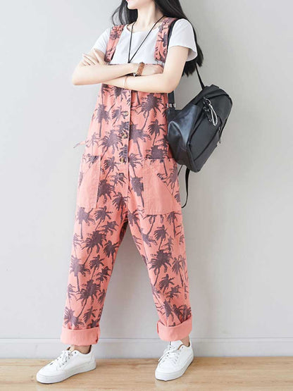 Palm Print Cotton Overalls - Adjustable Workwera | Eva Trends