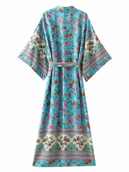 Printed Blue Color Cotton Long Length Gown Kimono Duster Robe